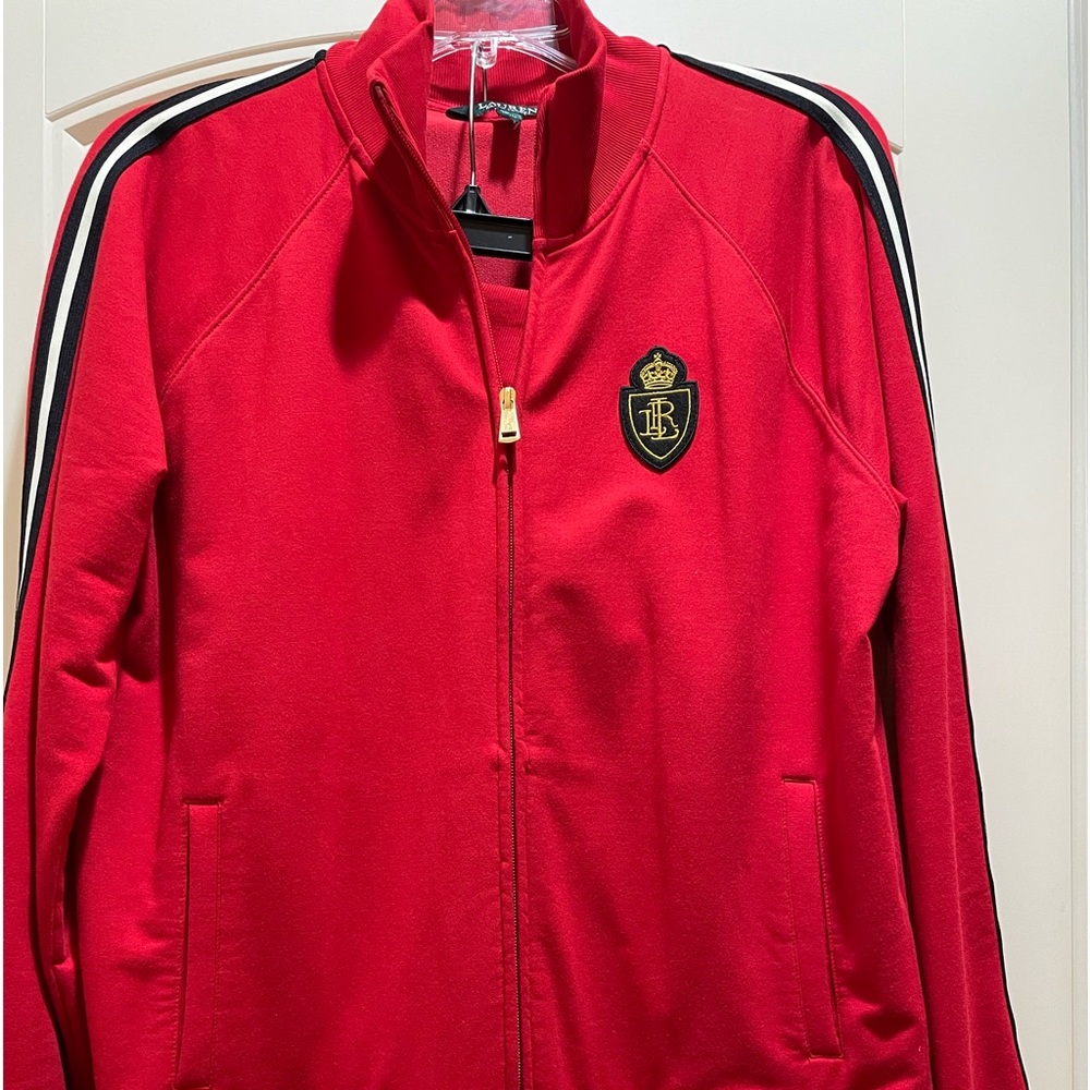 Ralph Lauren red warm up suit. Black and white stripe on sleeve and pants legs.